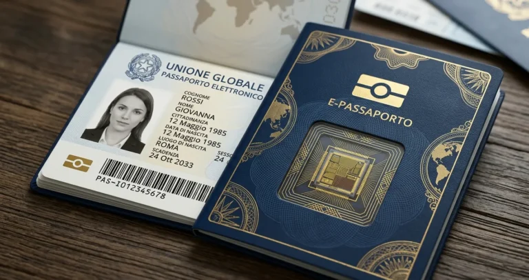 Immagine che mostra la localizzazione del chip nel passaporto elettronico italiano nella copertina posteriore con dettagli di sicurezza