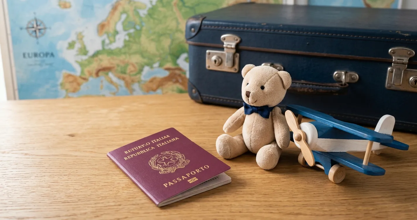 Documento di espatrio per minori: passaporto italiano per bambini con oggetti da viaggio