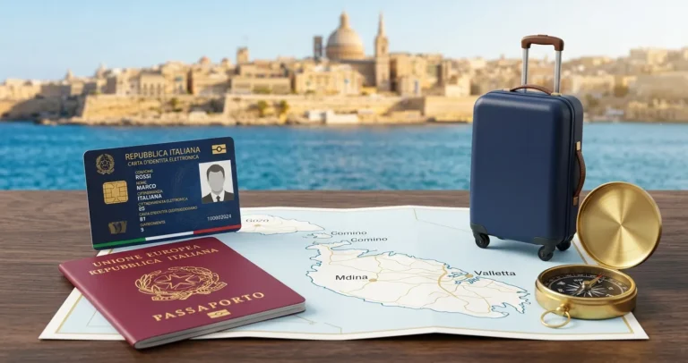Per andare a Malta serve il passaporto: carta d'identità e passaporto italiano con mappa di Malta