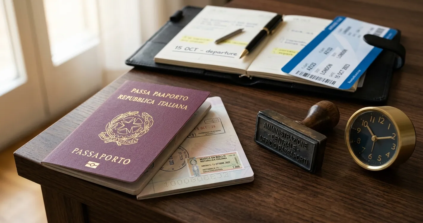 Passaporto temporaneo d'urgenza: documento italiano con sveglia e marca da bollo per rilascio rapido in Questura