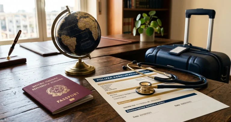 Assicurazione viaggio e passaporto italiano - polizza, mappamondo e documenti per partire all'estero
