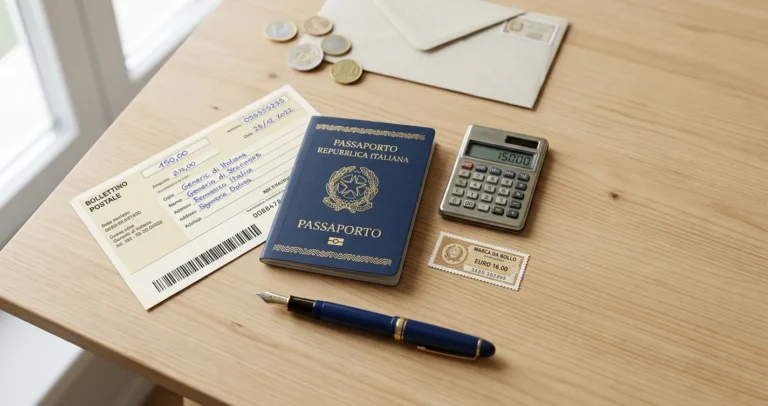 Bollettino postale per rilascio passaporto: modulo compilato e passaporto elettronico sul tavolo