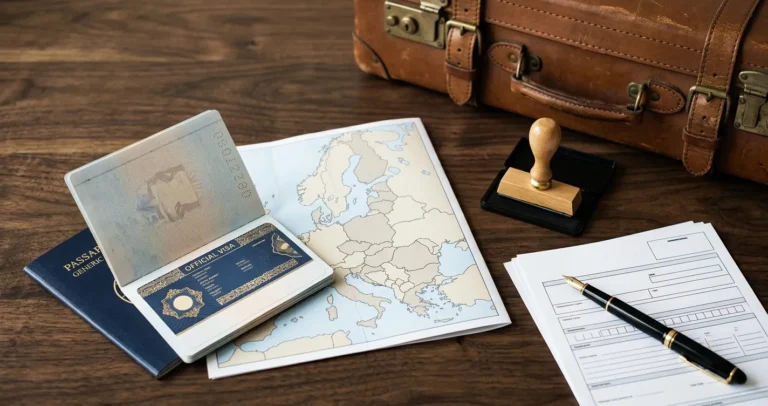 Visto Schengen documenti: passaporto aperto con adesivo visto e moduli per la richiesta presso il consolato