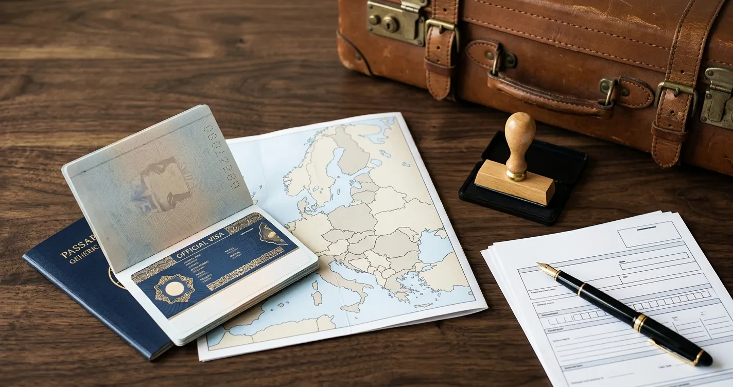 Visto Schengen documenti: passaporto aperto con adesivo visto e moduli per la richiesta presso il consolato