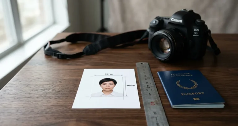 Formato foto passaporto italiano: fototessera 35x40 mm con sfondo bianco e righello che mostra le misure ufficiali