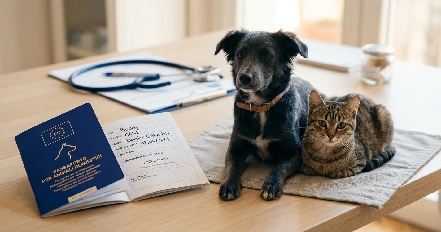 Passaporto animali domestici europeo accanto a un cane e un gatto su scrivania veterinaria