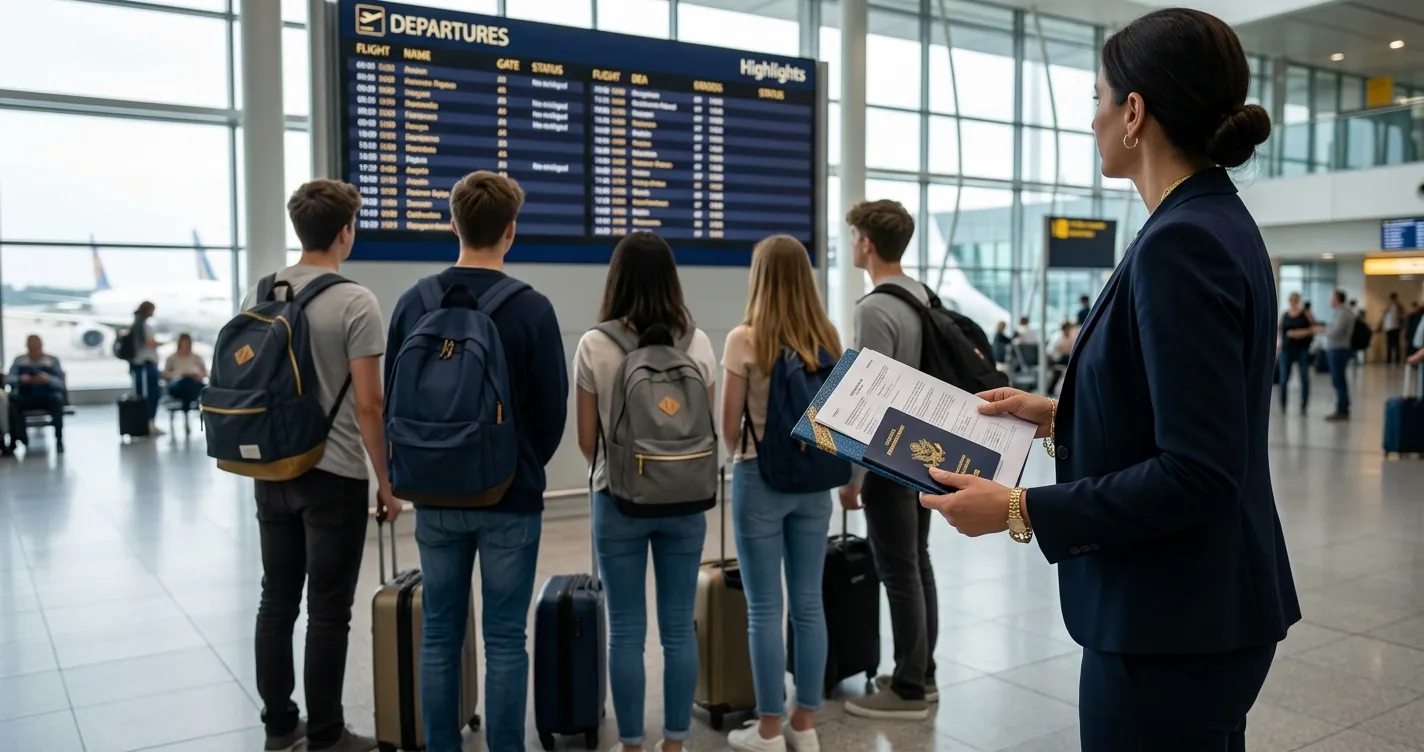 Gruppo di studenti in viaggio con capogruppo che tiene il passaporto collettivo in aeroporto