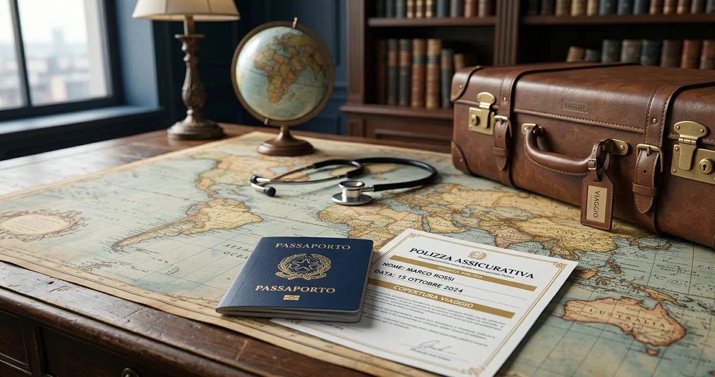 Passaporto e polizza di assicurazione sanitaria viaggio estero su una mappa del mondo con valigia