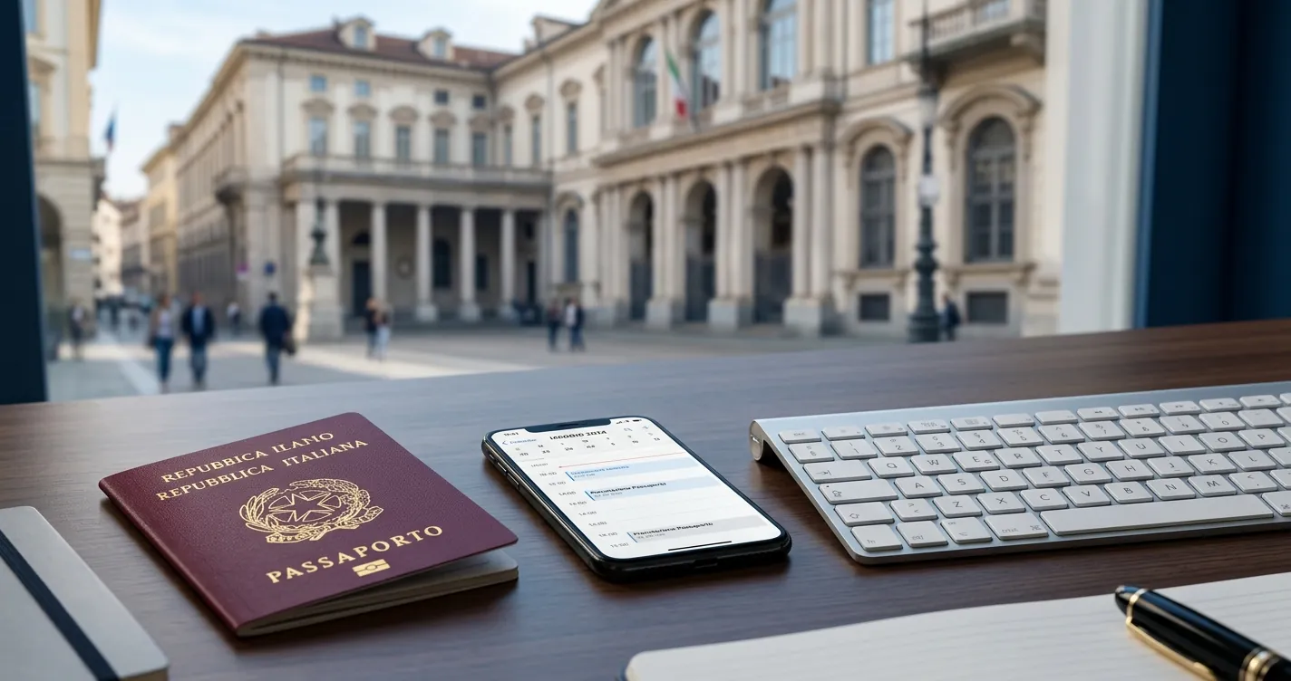 Prenotazione passaporto Torino: passaporto italiano e smartphone con calendario appuntamenti online