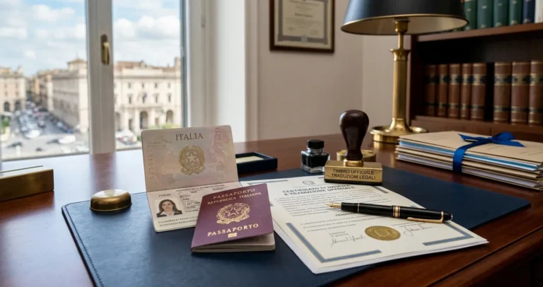 Traduzione giurata passaporto con timbro ufficiale e documenti asseverati su scrivania legale