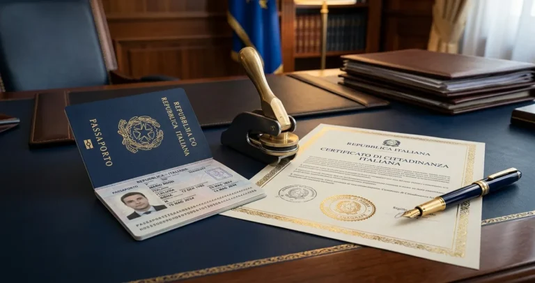 Apostille passaporto italiano con timbro ufficiale e documenti legalizzati su scrivania istituzionale