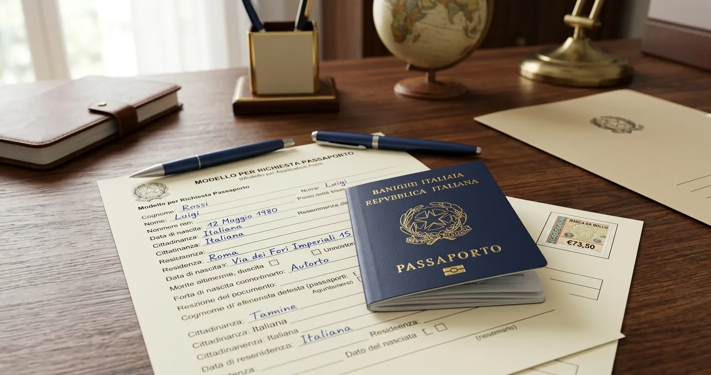 Modulistica per richiesta passaporto 2026 con moduli e documenti sulla scrivania