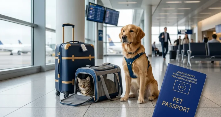 Documenti viaggio animali estero: pet passport europeo con cane e trasportino