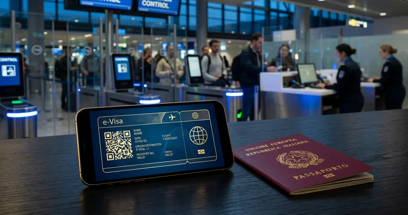 Passaporto digitale europeo su smartphone accanto al passaporto elettronico ai controlli di frontiera