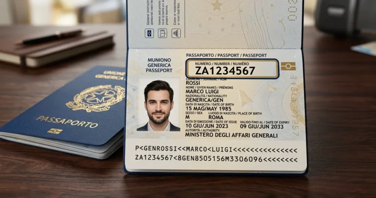 Numero di passaporto esempio sulla pagina dati del passaporto elettronico italiano