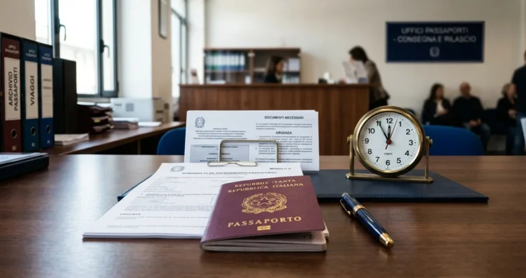 Come velocizzare il rilascio del passaporto: passaporto elettronico e orologio su scrivania di un ufficio