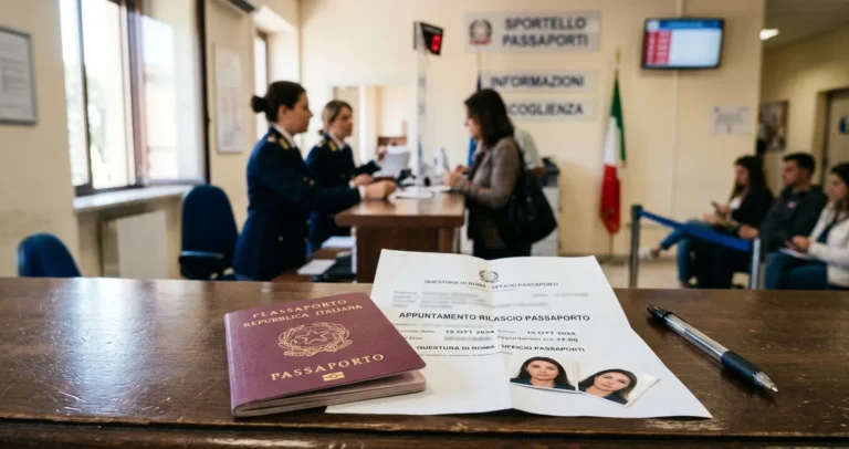 Questura di Cosenza passaporto: passaporto elettronico, ricevuta di prenotazione e foto tessera su bancone di un ufficio