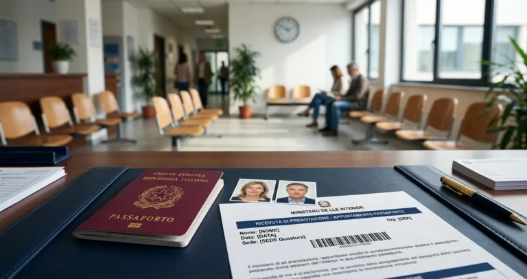 Appuntamento passaporto Bergamo: passaporto elettronico, foto tessera e ricevuta di prenotazione su una scrivania in Questura
