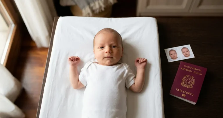 Foto passaporto neonato: bambino disteso su telo bianco fotografato dall'alto accanto a fototessere e passaporto elettronico