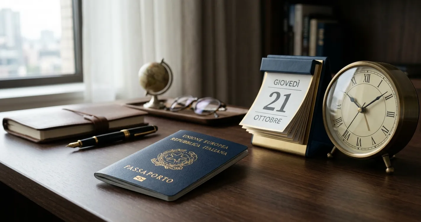 Tempi rilascio passaporto 2026: passaporto italiano accanto a calendario e orologio