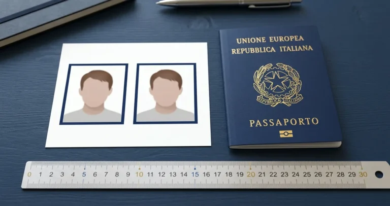 Formato fototessera passaporto: fototessere 35x45 mm misurate accanto a un passaporto italiano