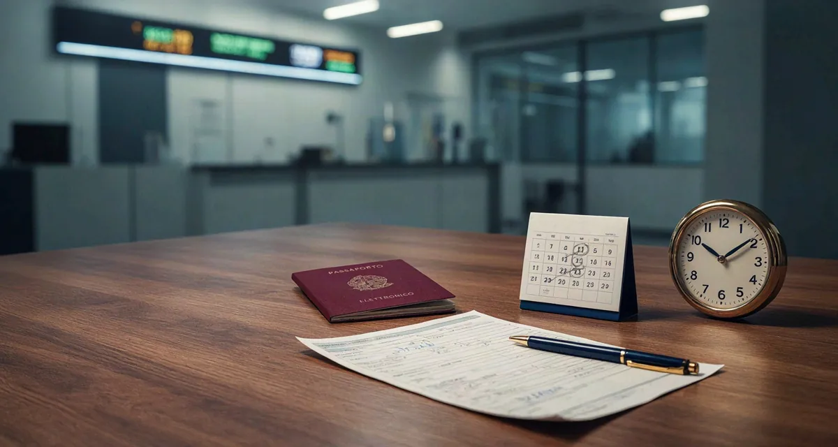 Tempi rilascio passaporto 2026: calendario con i giorni di attesa, orologio e passaporto elettronico italiano sul banco della Questura