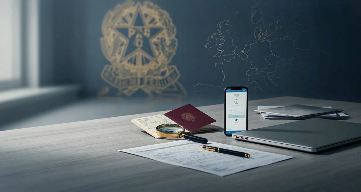 Controllo passaporto italiano online: portale della Polizia di Stato aperto su smartphone con SPID accanto a un passaporto elettronico pronto per il ritiro